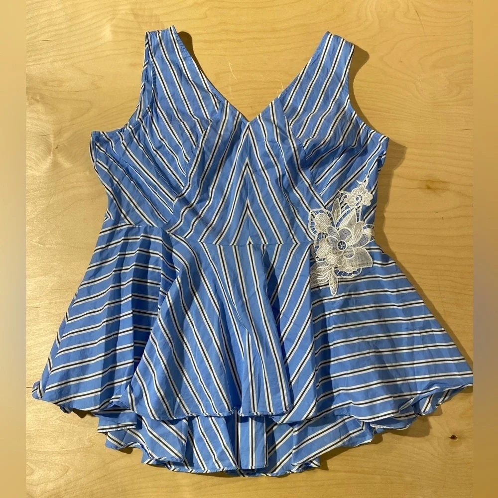 Lane Bryant Blue and White Striped Blouse with Floral Lace 18P (OS)